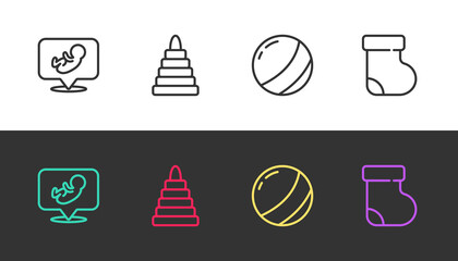 Sticker - Set line Baby, Pyramid toy, Beach ball and socks clothes on black and white. Vector