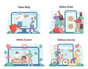 Wall Mural - pizzeria online service or platform set. chef cooking tasty delicious pizza