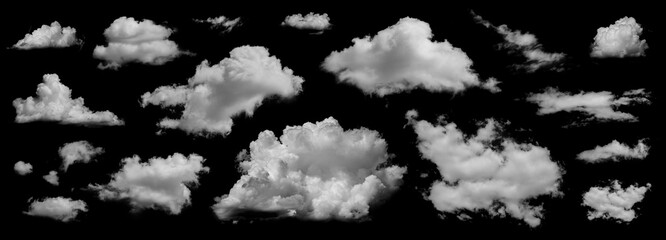 Wall Mural - Clouds set isolated on black background. White cloudiness, mist or smog background. Collection of different clouds.