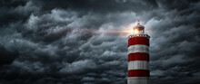 View On Typhoon, Hurricane, Tornado, Lighthouse And Rain Sky. Panoramic View Of The Stormy Sky, Lighthouse And Dark Clouds. Concept On The Theme Of Weather, Natural Disasters,  Tornadoes, Typhoons.