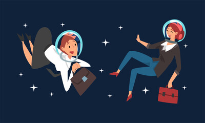 Wall Mural - Business Woman Character with Briefcase in Suit and Astronaut Helmets Flying in Outer Space Among Stars Vector Set