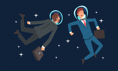 Canvas Print - Business Man Characters in Suit and Astronaut Helmets Holding Briefcase Flying in Outer Space Among Stars Vector Set