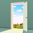 © hadeev - Open Door to nature way. Landscape rural farm valley symbol freedom, new way exit, discovery, opportunities. Motivation concept to real world. Vector illustration cartoon style poster banner