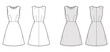 © Vectoressa - Dress A-line technical fashion illustration with sleeveless, fitted body, natural waistline, knee length skirt. Flat apparel front, back, white, grey color style. Women, men unisex CAD mockup