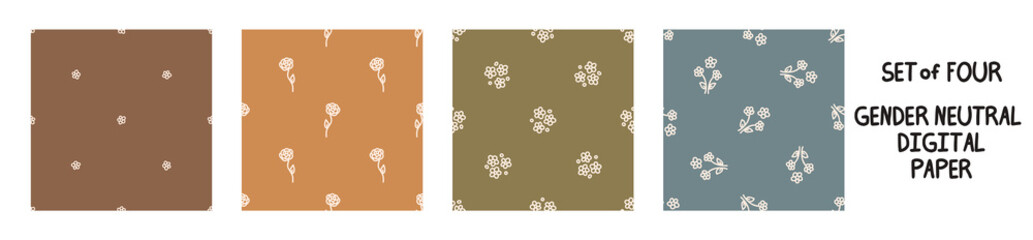 Seemless background flower set of 5 patterns. Whimsical minimal earthy 2 tone color. kids nursery wallpaper or boho cartoon pet fashion all over print.