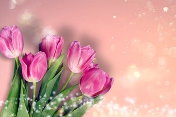  Beautiful pink tulips flowers on pastel background.