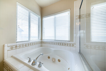 Poster - Modern interior of a bathroom with a big bathtub