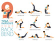 9 Yoga poses or asana posture for workout in yoga for improve back bend concept. Women exercising for body stretching. Fitness infographic. Flat cartoon vector