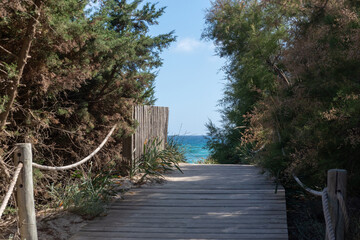 Entrance to Es Arenals beach in Formentera, Spain