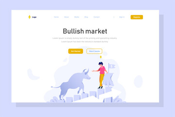 Landing page business finance man bull profit graph financial growth increase income people character flat design style Vector Illustration