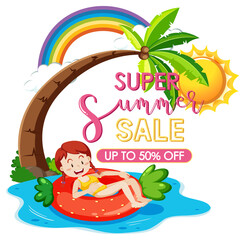 Wall Mural - Super Summer Sale logo banner with a girl laying on swimming ring isolated