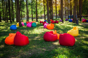 Voronezh, Russia - September 05, 2019: A place for people to relax on the lawn in the central park, the city of Voronezh