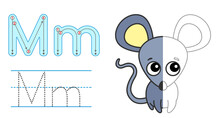 Trace The Letter And Picture And Color It. Educational Children Tracing Game. Coloring Alphabet. Letter M And Funny Mouse