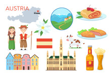 Traditional Symbols Of Austria Cartoon Vector Illustration. Austrian National Flag, Map, Traditional Costumes, Castle, Buildings, Cow, Beer, Alps. Vienna, Travel, Architecture, Culture Concept