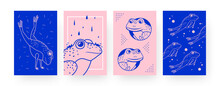 Set Of Contemporary Art Posters With Cute Frogs. Amphibian Jumping And Swimming Vector Illustrations In Creative Style. Zoology, Nature Concept For Designs, Social Media, Postcards, Invitation Cards