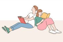 A Man And A Woman Are Reading A Book, Sitting Leaning On Each Other. Hand Drawn Style Vector Design Illustrations. 