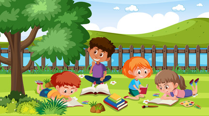 Scene with many children reading book in the park