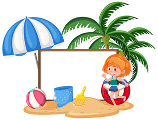 Poster - Empty banner template with kids character on summer vacation at the beach on white background