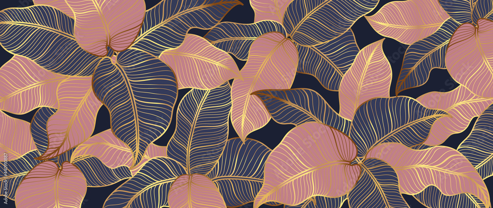 Abstract art Golden leaves background vector. Wallpaper design with line art texture from monstera leaves, Jungle leaves, exotic botanical floral pattern. Design for prints, banner, wall art. - obrazy, fototapety, plakaty 