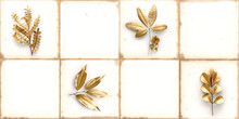 Golden Leaf Design Elements. Decoration Elements For Home Interior, Painting, Wall Tiles And Wallpaper Background.