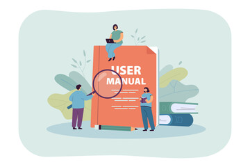 Wall Mural - Tiny people studying user manual. Character with magnifier examining guidebook, girl reading handbook flat vector illustration. Instructions, guide concept for banner, website design or landing page