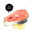 Watercolor hand drawn piece of salmon fish and lemon. Isolated fresh seafood vector illustration on white background