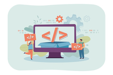 Wall Mural - tiny people using open source platform. characters holding script elements, computer flat vector ill