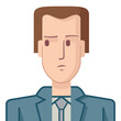 Avatar of young businessman with distrust gesture, flat style. Illustration of a young businessman with a distrustful expression. The drawing is made in flat style.