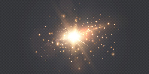 Aufkleber - Light rays of light horizontal golden color with glare and flashes isolated on a transparent background. Light star gold png. Light sun gold png. Light flash gold png. Powder png.