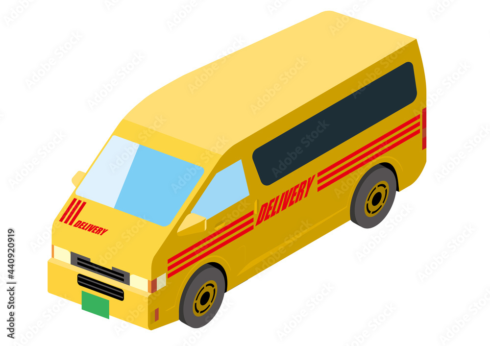 働く車 ワンボックスタイプのデリバリー配送車 アイソメトリックスの自動車の立体イラスト3d Wall Mural Globeds