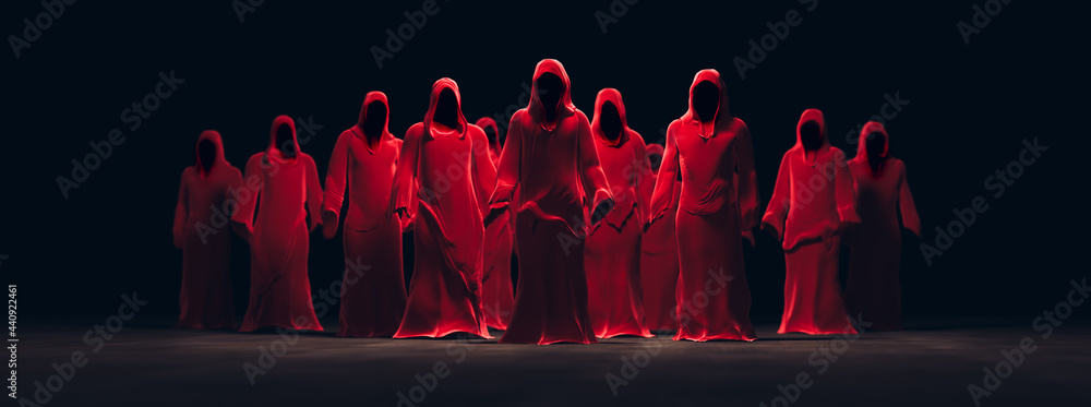 3D Rendering, illustration of several red hooded figures in a dark background - obrazy, fototapety, plakaty 