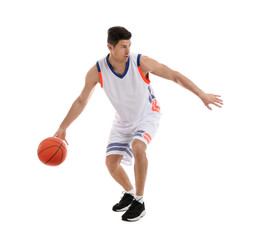 Wall Mural - Professional sportsman playing basketball on white background