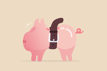 Tighten Belt To Reduce Budget Or Spending, Financial Crisis Or Economic Slow Down, Keep Cost And Expense Low To Survive, Pink Piggybank Tighten Belt On His Belly Metaphor Of Saving Cost.