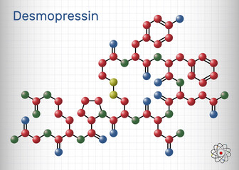 Sticker - Desmopressin, desmopresina, desmopressinum molecule. It is antidiuretic peptide drug, synthetic analogue of vasopressin. Sheet of paper in a cage