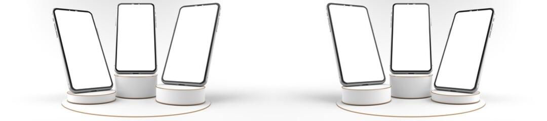 Wall Mural - 3d rendering of the smartphones white screen on round white pedestal, mobile phone mockup tilted to 