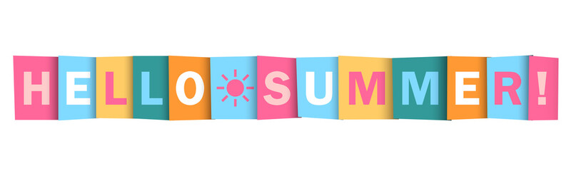 HELLO SUMMER! colorful vector typography banner with sun symbol on white background