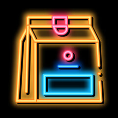 Poster - paper bag with food neon light sign vector. Glowing bright icon paper bag with food sign. transparent symbol illustration