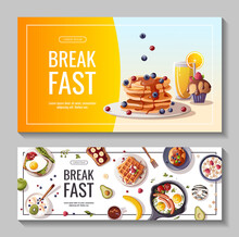 Set Of Promo Banners For Breakfast Menu, Healthy Eating, Nutrition, Cooking, Fresh Food, Dessert, Diet, Pastry, Cuisine. Vector Illustration For Banner, Flyer, Cover, Advertising, Menu, Poster.