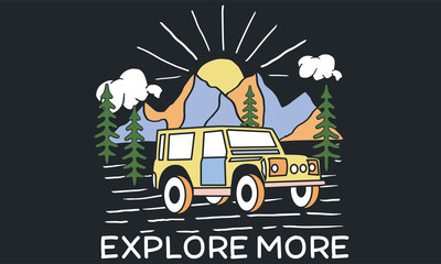 Explore More by car print design. Road trip vector artwork for fashion. Summer vibes striker design. 