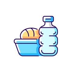 Sticker - Airplane food RGB color icon. Meal during flight. Airline catering service. Essential things for tourist. Isolated vector illustration. Travel size objects simple filled line drawing