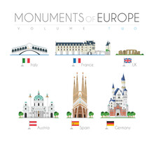 Monuments Of Europe In Cartoon Style Volume 2: Rialto Bridge, Chenonceau Castle, Stonehenge, Karlskirche, Sagrada Familia And Neuschwanstein Castle. Vector Illustration