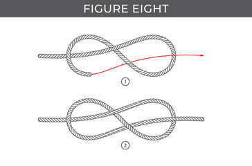 Wall Mural - Vector simple instructions for tying a Figure eight knot. Two steps. Isolated on white background.