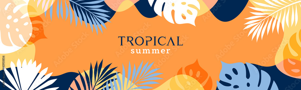 Summer background with tropical leaves and plants in orange, yellow and deep blue colors. Modern minimalist style. Design template for sale, horizontal poster, header, cover, social media, fashion ads - obrazy, fototapety, plakaty 