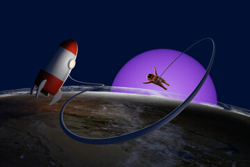 Wall Mural - little space boy exploring an unknown planet. astronaut kid floating in space. 3d rendering.