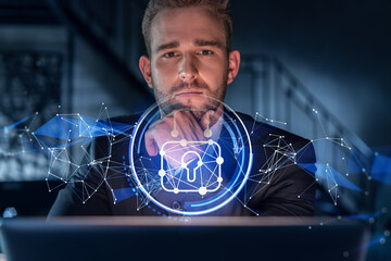 Portrait of handsome businessman thinking how to protect clients confidential information and cyber security. IT hologram padlock icons over office background. Hand on chin