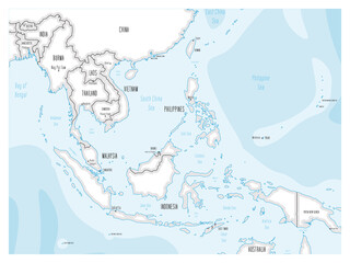 Canvas Print - Political map of Southeast Asia. Black outline hand-drawn cartoon style illustrated map with bathymetry. Handwritten labels of country, capital city, sea and ocean names. Simple flat vector map.