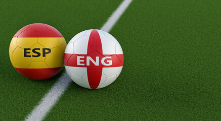 England vs. Spain Soccer Match - Leather balls in England and Spain national colors. 3D Rendering 