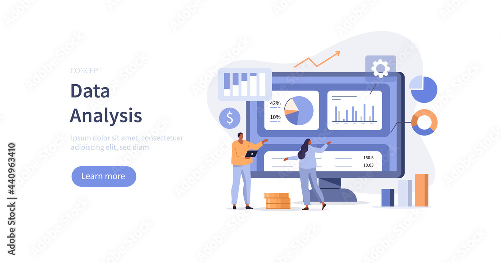 Characters analyzing graphs, charts and diagrams. People planning business strategy and managing data and finance. Data analysis concept. Flat cartoon vector illustration. - obrazy, fototapety, plakaty 