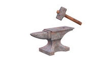 Rusty Anvil And Hammer Isolated On White Background. 3d Render Illustration