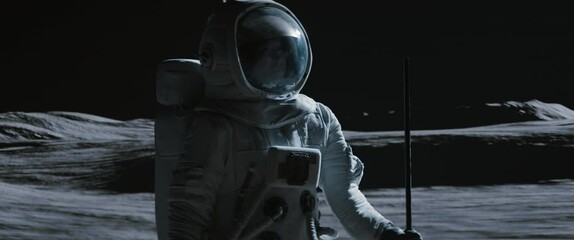Wall Mural - portrait of asian lunar astronaut placing a flag pole on the moon surface. easy to track and add you